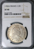 1702-A NGC XF 40 France Louis XIV 1/2 Ecu Overstruck 1694-A Paris Silver Coin POP 2/0 (23012901C)