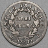 1812-B France Napoleon 1/2 Demi Franc Rouen Mint Empire Silver Coin (22061002R)