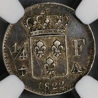 1822-A NGC XF 45 France Louis XVIII 1/4 Franc Silver Coin 36K Minted (18123001C)