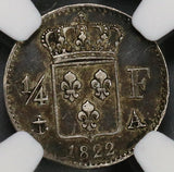 1822-A NGC XF 45 France Louis XVIII 1/4 Franc Silver Coin 36K Minted (18123001C)