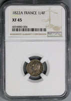 1822-A NGC XF 45 France Louis XVIII 1/4 Franc Silver Coin 36K Minted (18123001C)