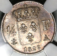 1826-A NGC AU 58 France 1/4 Franc Charles X Silver Coin 86k Minted (20012706C)