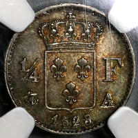 1828-A NGC MS 63 France 1/4 Franc Charles X Paris Silver Coin (19111801C)