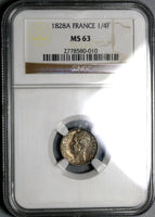 1828-A NGC MS 63 France 1/4 Franc Charles X Paris Silver Coin (19111801C)