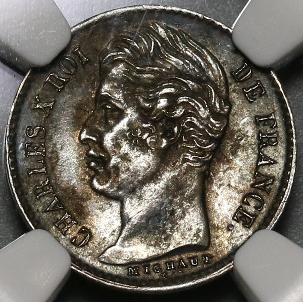 1829-W NGC AU 58 France 1/4 Franc Charles X 90% Silver Coin (19111802C)