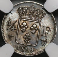 1829-W NGC AU 58 France 1/4 Franc Charles X 90% Silver Coin (19111802C)