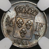 1829-W NGC AU 58 France 1/4 Franc Charles X 90% Silver Coin (19111802C)