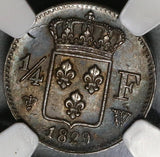 1829-W NGC AU 58 France 1/4 Franc Charles X 90% Silver Coin (19111802C)