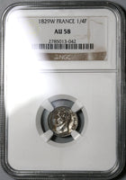 1829-W NGC AU 58 France 1/4 Franc Charles X 90% Silver Coin (19111802C)
