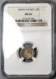 1829-W NGC MS 62 France 1/4 Franc Charles X Mint State Lille Mint Silver Coin (19090901C)