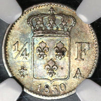 1830-A NGC MS 62 France 1/4 Franc Die Clash Mint Error Charles X Paris Mint Silver Coin (20012001C)