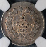1833-D NGC AU 53 France 1/4 Franc Louis Philippe Rare Lyon 16k POP 1/0 Coin (22061204C)