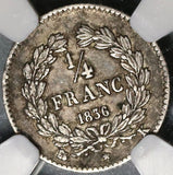 1836-K NGC AU 55 France 1/4 Franc Rare 9,500 Louis Philippe I Silver Coin POP 1/0 (20012101C)