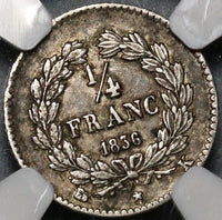 1836-K NGC AU 55 France 1/4 Franc Rare 9,500 Louis Philippe I Silver Coin POP 1/0 (20012101C)