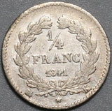 1841-K France 1/4 Franc VF Silver Coin Rare Only 92K Minted (21091703R)
