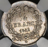 1842-W NGC AU 58 France 1/4 Franc Rare 91k Louis Philippe Silver Coin POP 1/1 (20081502C)