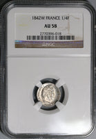 1842-W NGC AU 58 France 1/4 Franc Rare 91k Louis Philippe Silver Coin POP 1/1 (20081502C)