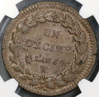1796-W NGC AU 58 France An 5 Decime 10 Centimes Coin Rare 39K minted (19042904C)