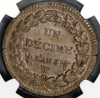 1796-W NGC AU 58 France An 5 Decime 10 Centimes Coin Rare 39K minted (19042904C)