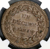 1796-W NGC AU 58 France An 5 Decime 10 Centimes Coin Rare 39K minted (19042904C)