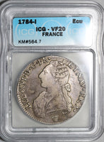 1784-I ICG VF 20 France Louis XVI Ecu Crown Silver Limoges Coin (21061202C)
