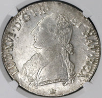 1786-M NGC MS 62 France Louis XVI Ecu Toulouse Mint State Silver Crown Coin (19062301C)