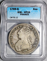1789-Q ICG VF 20 France Louis XVI Ecu Crown Silver Perpignan Coin (20121102C)