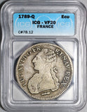1789-Q ICG VF 20 France Louis XVI Ecu Crown Silver Perpignan Coin (20121102C)