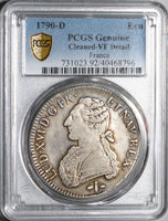 1790-D PCGS VF Det Louis XVI France Ecu Rare Lyon Mint Silver Dollar Coin (20102701C)