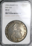 1791-A NGC MS 62 France Louis XVI Ecu Crown Silver Paris Coin POP 1/3 (22032801C)