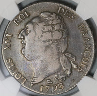 1793-M NGC VF 35 France Louis XVI Ecu Genius Constitution Toulouse Coin (19121402C)