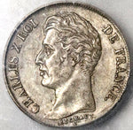 1827-A ICG AU 53 France 1 Franc Charles X Paris Silver Coin (22073002C)