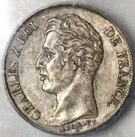 1827-A ICG AU 53 France 1 Franc Charles X Paris Silver Coin (22073002C)
