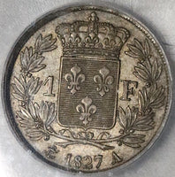 1827-A ICG AU 53 France 1 Franc Charles X Paris Silver Coin (22073002C)