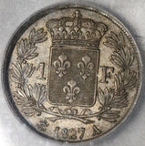 1827-A ICG AU 53 France 1 Franc Charles X Paris Silver Coin (22073002C)