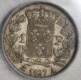 1827-A ICG AU 53 France 1 Franc Charles X Paris Silver Coin (22073002C)