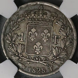 1828-T NGC VF 35 France 1 Franc Charles X Nantes 36K Silver Coin POP 1/0 (22031604C)