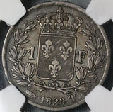 1828-T NGC VF 35 France 1 Franc Charles X Nantes 36K Silver Coin POP 1/0 (22031604C)