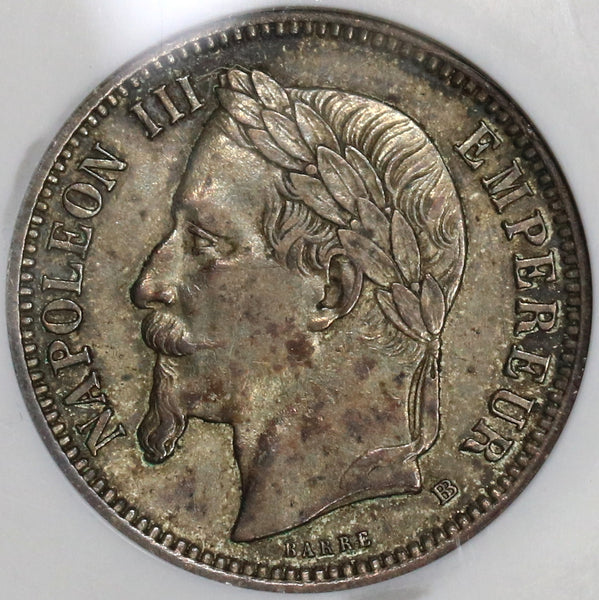1870-BB NGC AU 50 France 1  Franc Napoleon III Key Date Silver Coin (18122902C)