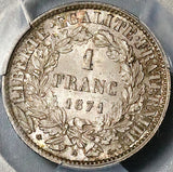 1871 PCGS MS 65 France 1 Franc Ceres Large A Paris Mint Silver Coin (23030904C)