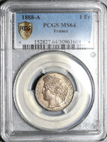 1888-A PCGS MS 64 France 1 Franc Ceres Mint State Silver Coin (20020102C)