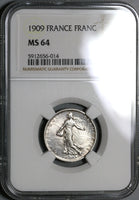 1909 NGC MS 64 France 1 Franc Sower Silver Mint State Coin (21021405C)