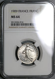 1909 NGC MS 64 France 1 Franc Sower Silver Mint State Coin (21021405C)