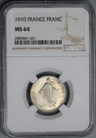 1910 NGC MS 64 France 1 Franc Sower Silver Mint State Coin (19052201C)