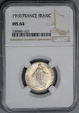 1910 NGC MS 64 France 1 Franc Sower Silver Mint State Coin (19052201C)