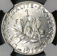 1915 NGC MS 65+ France 1 Franc Sower Silver WWI Mint State Coin (21031802C)