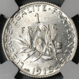 1915 NGC MS 65+ France 1 Franc Sower Silver WWI Mint State Coin (21031802C)