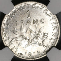 1915 NGC MS 65+ France 1 Franc Sower Silver WWI Mint State Coin (21031802C)