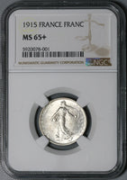 1915 NGC MS 65+ France 1 Franc Sower Silver WWI Mint State Coin (21031802C)