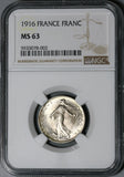 1916 NGC MS 63 France 1 Franc Sower Silver Mint State WWI Coin (21021803C)